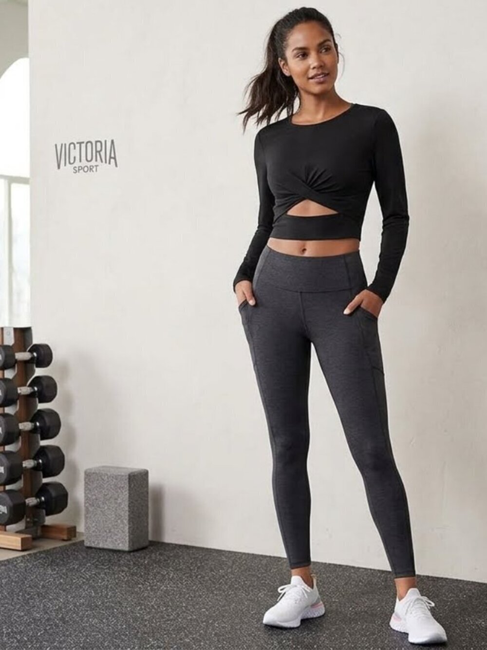Victoria Sport Grey Long Sleeve Sheer Back Twist Front Cutout Crop Sports Top